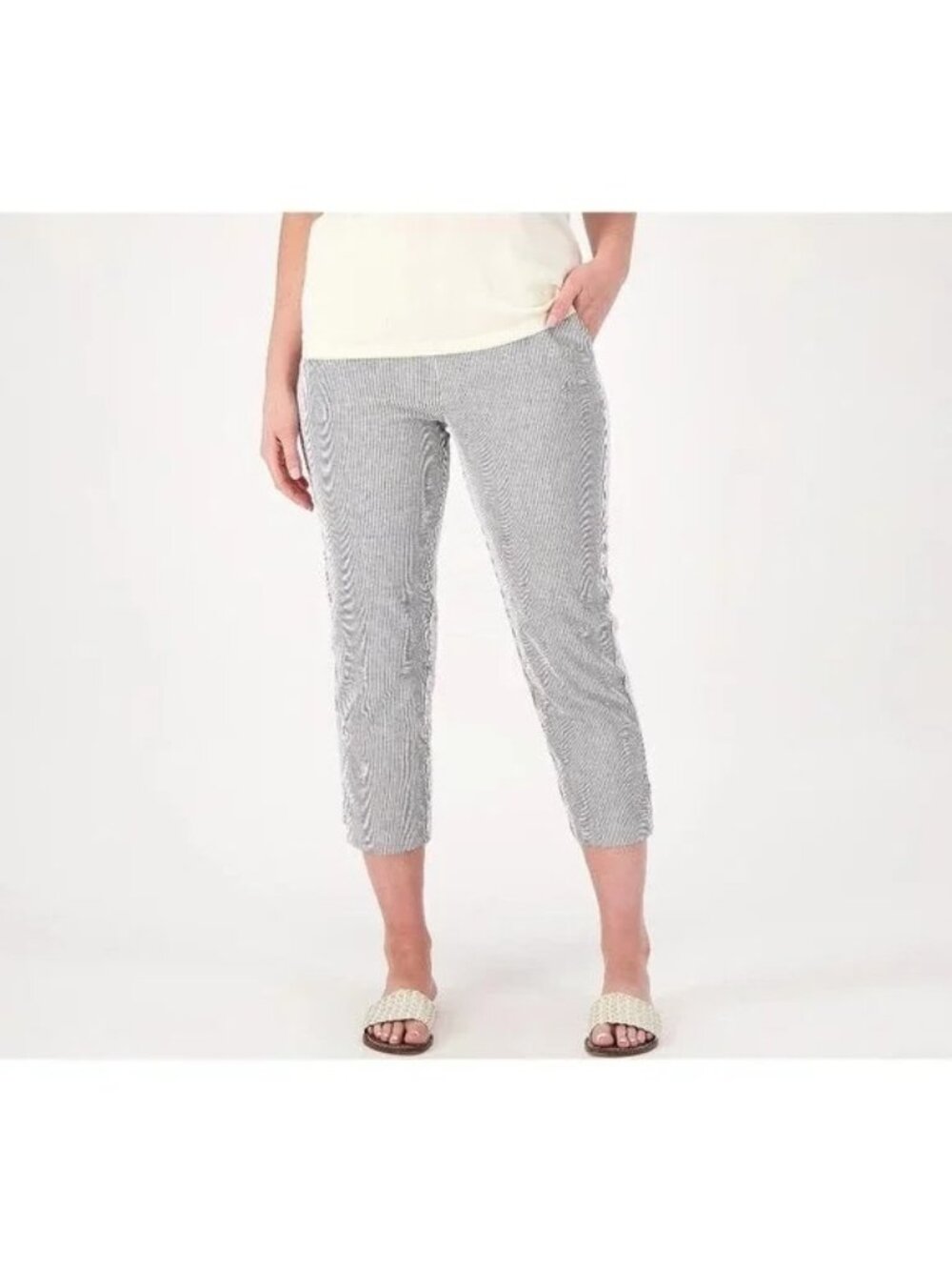 Susan Graver Pants Plus Petite 24 Stripe Stretch Seersucker Crop Black NEW